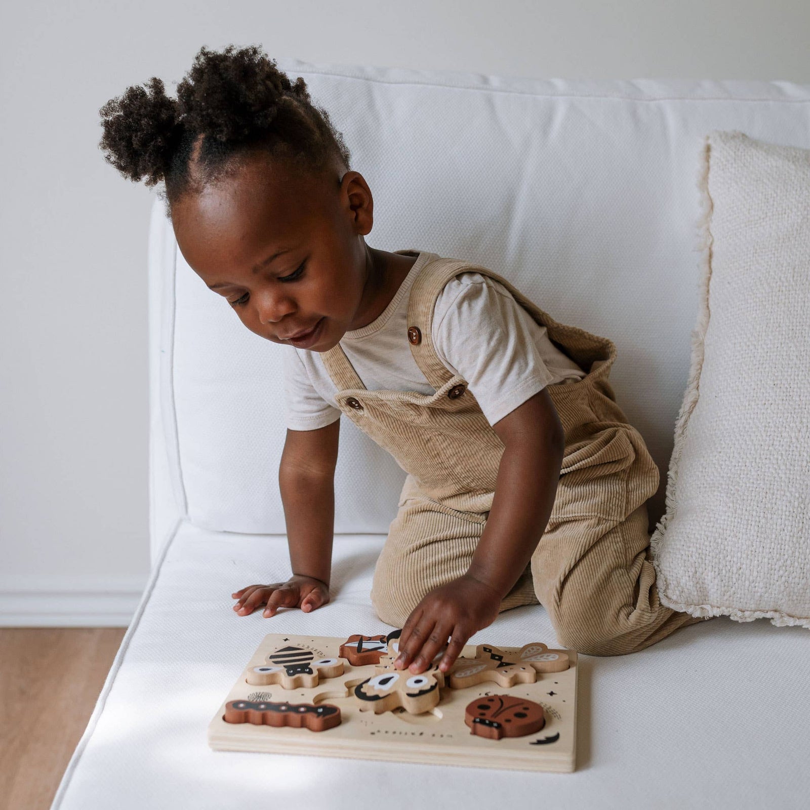 Wooden puzzle with insect shapes on a beige background