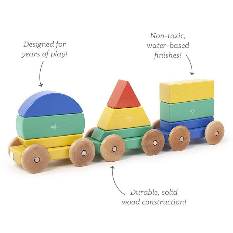 Colorful wooden toy train with geometric shapes on a white background