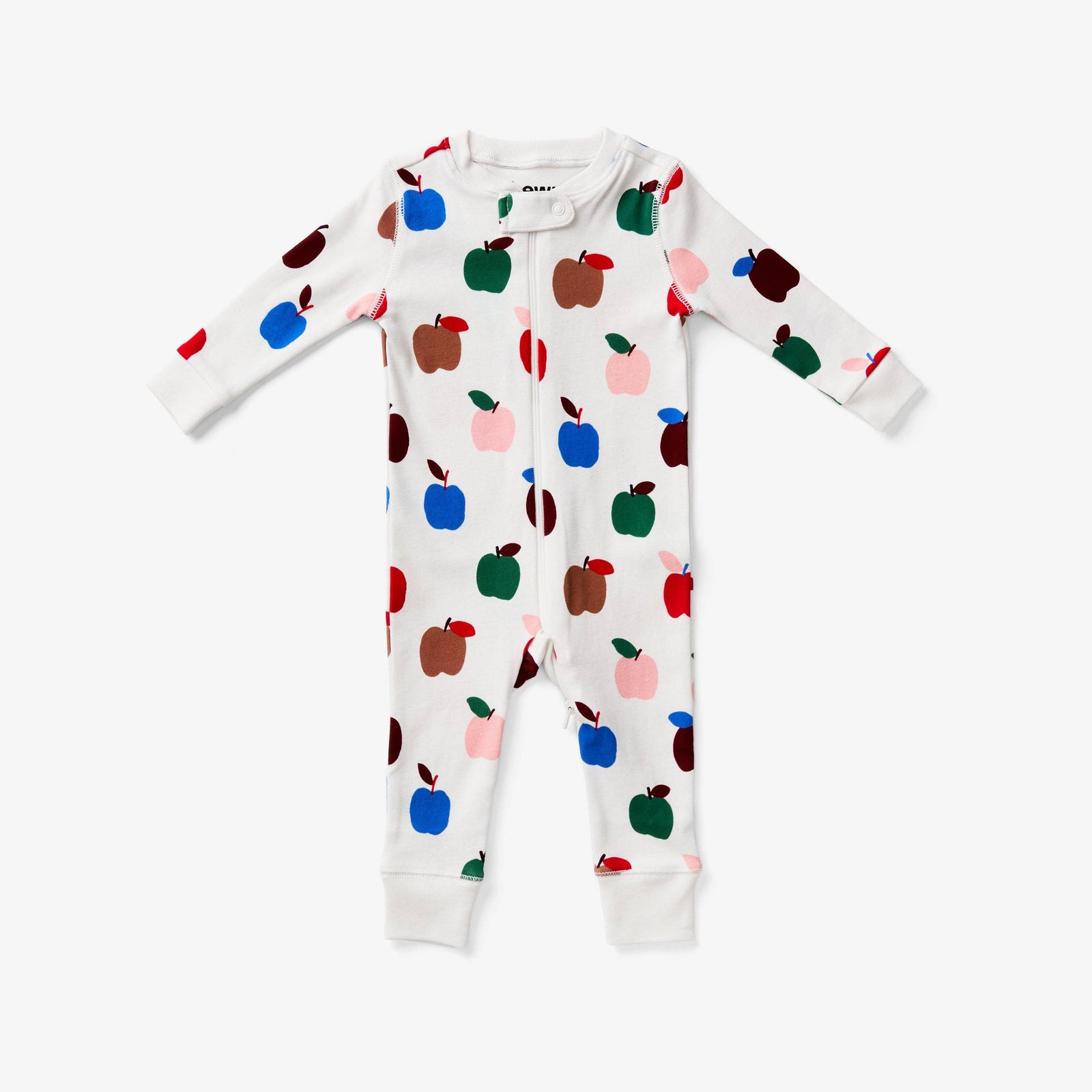 A baby long-sleeve footless one-piece pajama in white, featuring an all-over pattern of colorful stylized apples in red, blue, green, brown, and pink, laid flat on a light gray background.