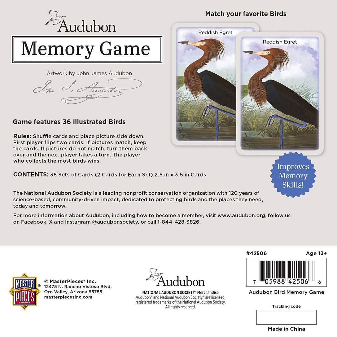 Audubon Memory Game packaging with bird illustrations and game details.