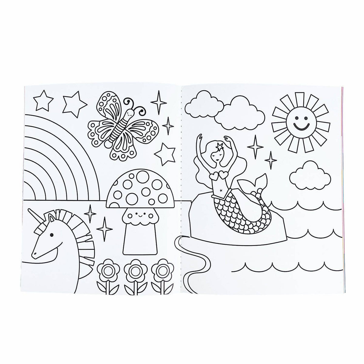 Coloring book with mermaid, rainbow, unicorn, and other illustrations on a white background