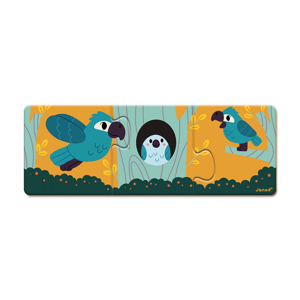 Children&#39;s puzzle with parrot characters on a white background