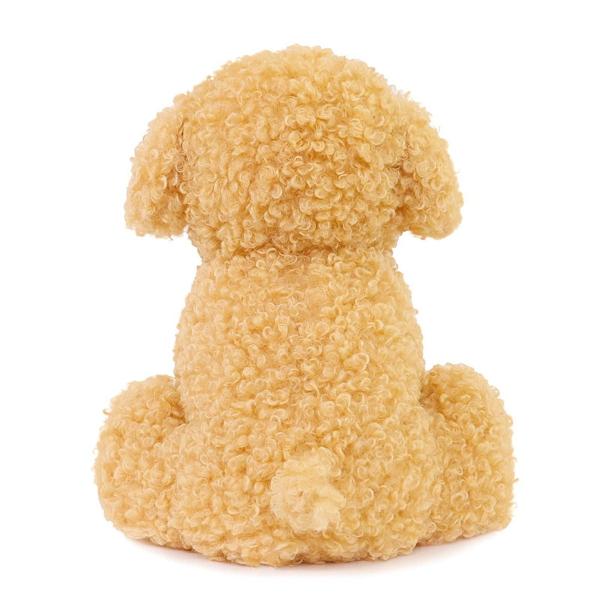Plush toy dog with curly fur on a white background