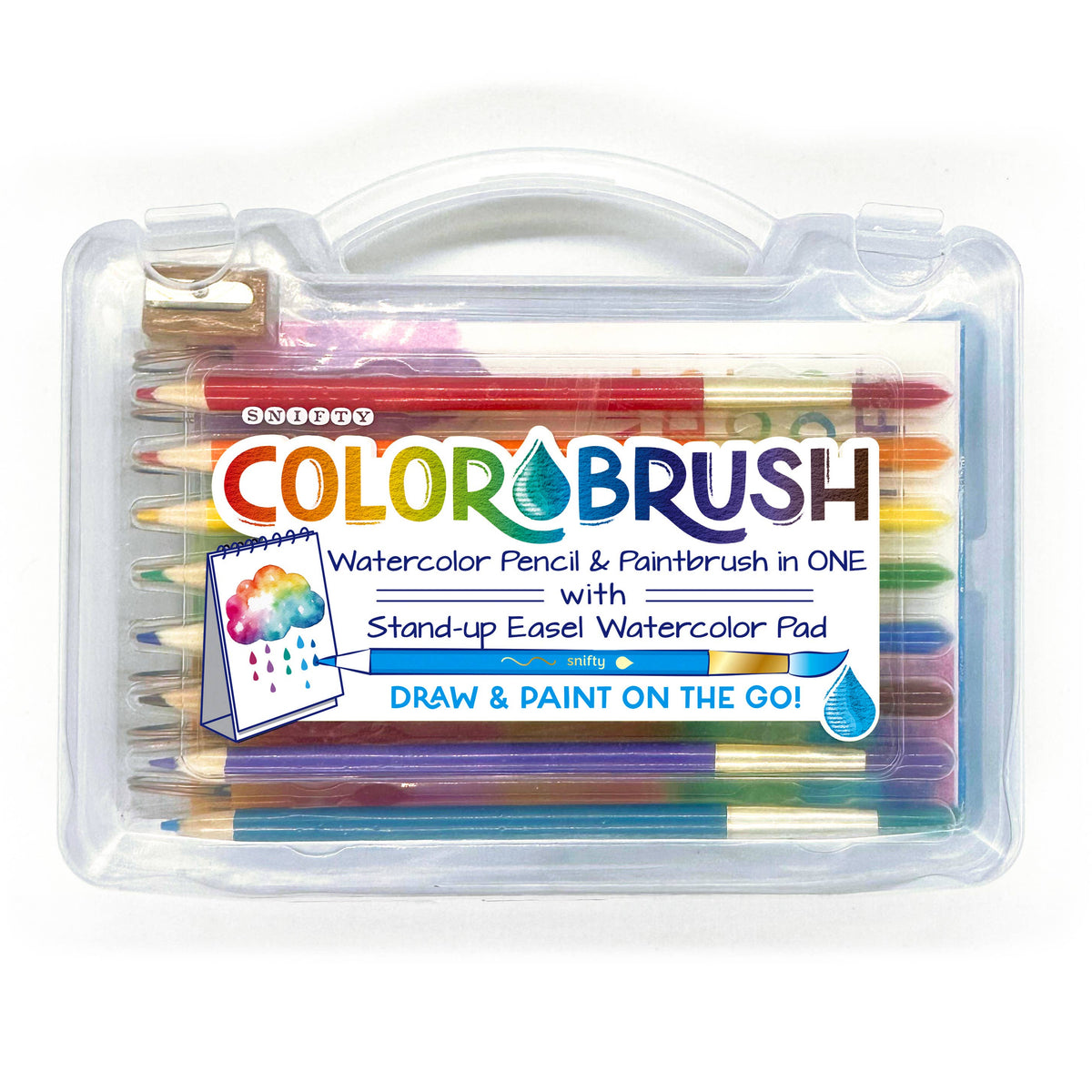 Colorbrush watercolor pencil and paintbrush set in a clear case on a white background
