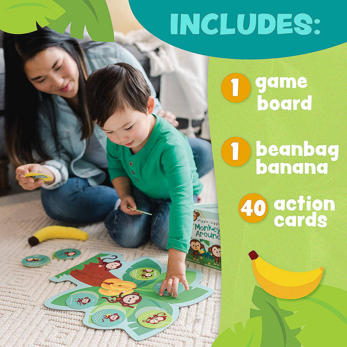 Child playing with a game board and beanbag banana, with a woman sitting next to them on the floor.