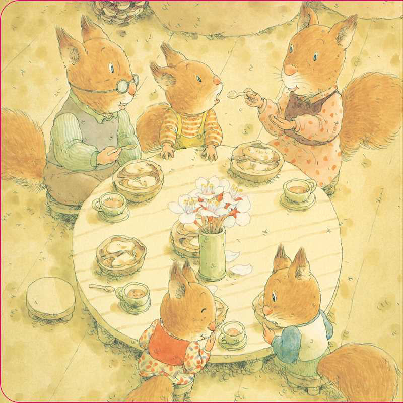 Illustration of squirrel family at a dinner table with text on a yellow background