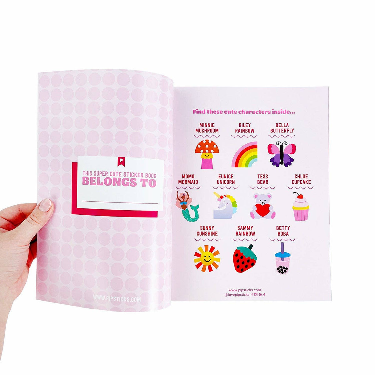 Sticker book with character names and illustrations on a white background