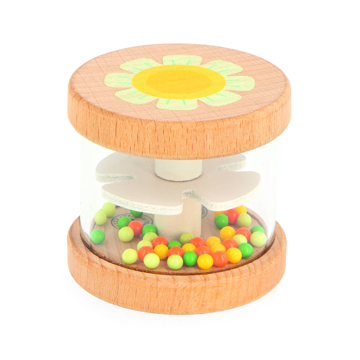 Wooden toy with a sunflower design and colorful beads on a white background