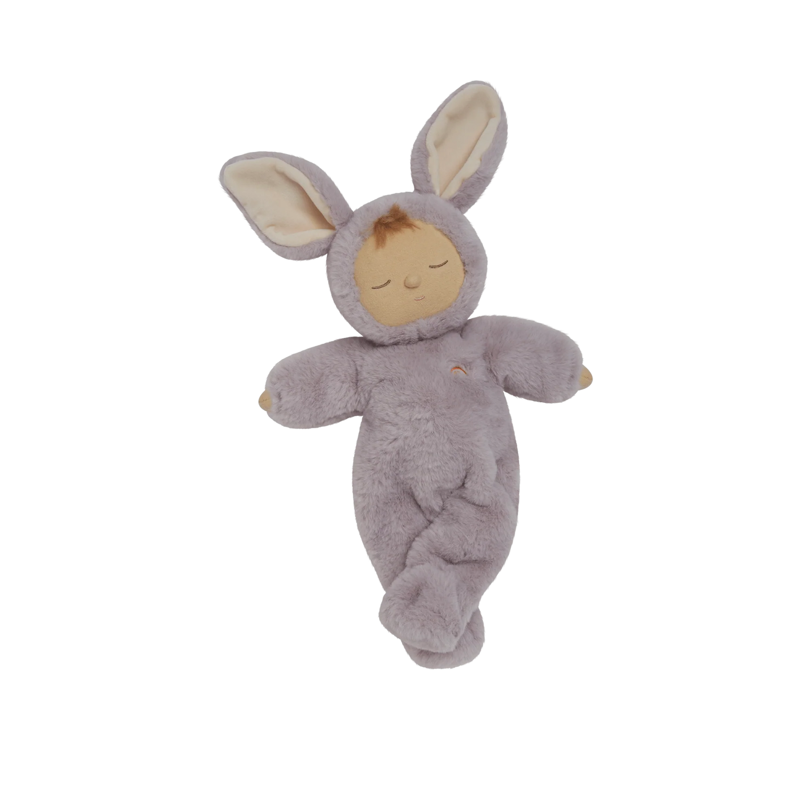 Plush toy resembling a baby in a lavender bunny suit on a white background