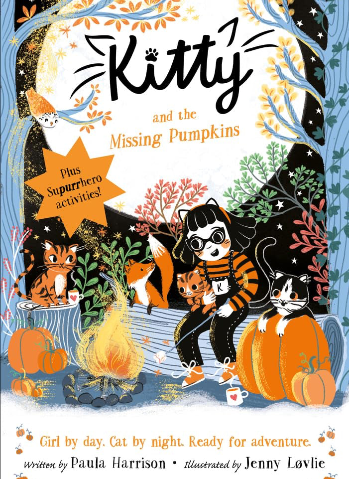 Book cover of 'Kitty and the Missing Pumpkins' with cats around a campfire and pumpkins.