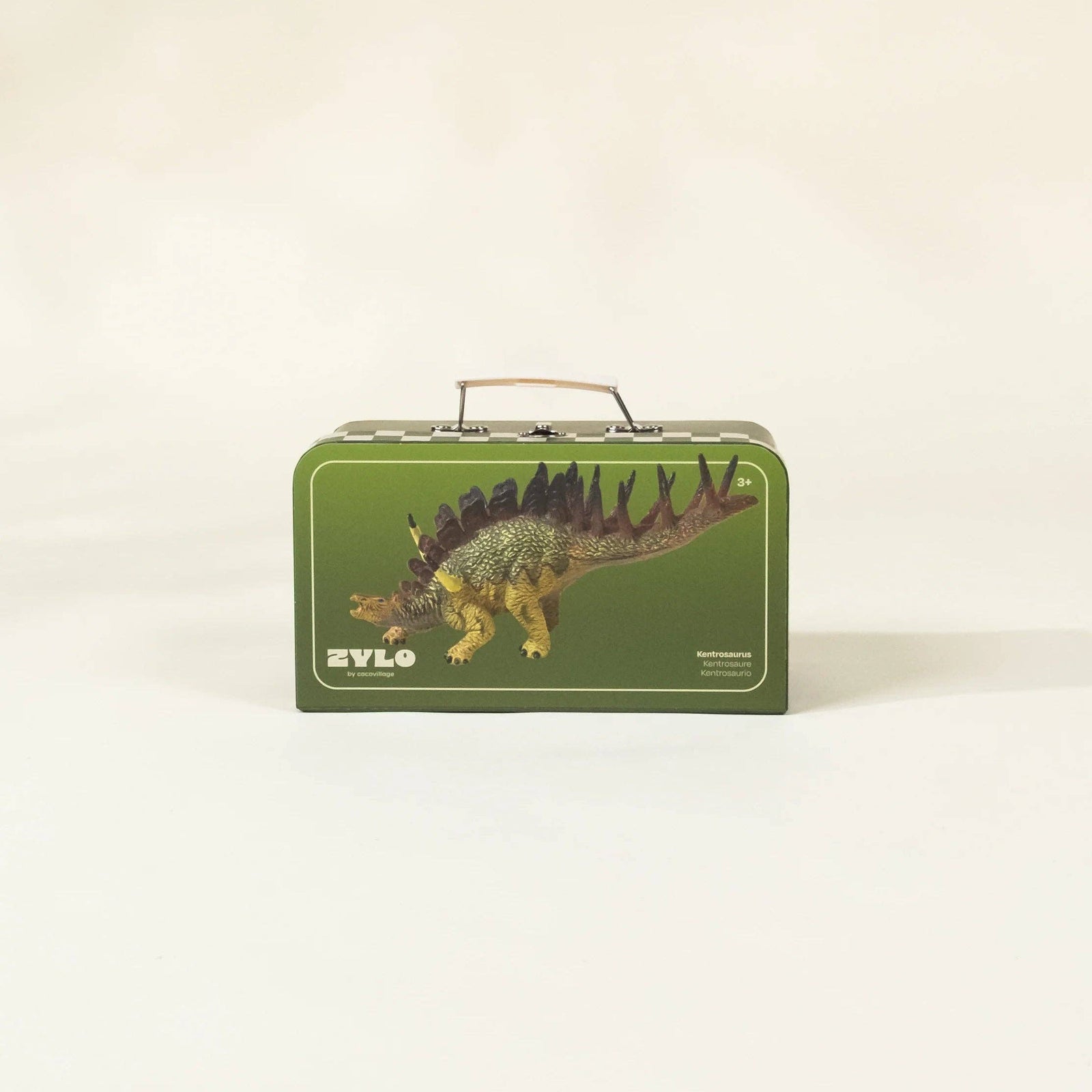 Green toy dinosaur box with a dinosaur illustration on a white background
