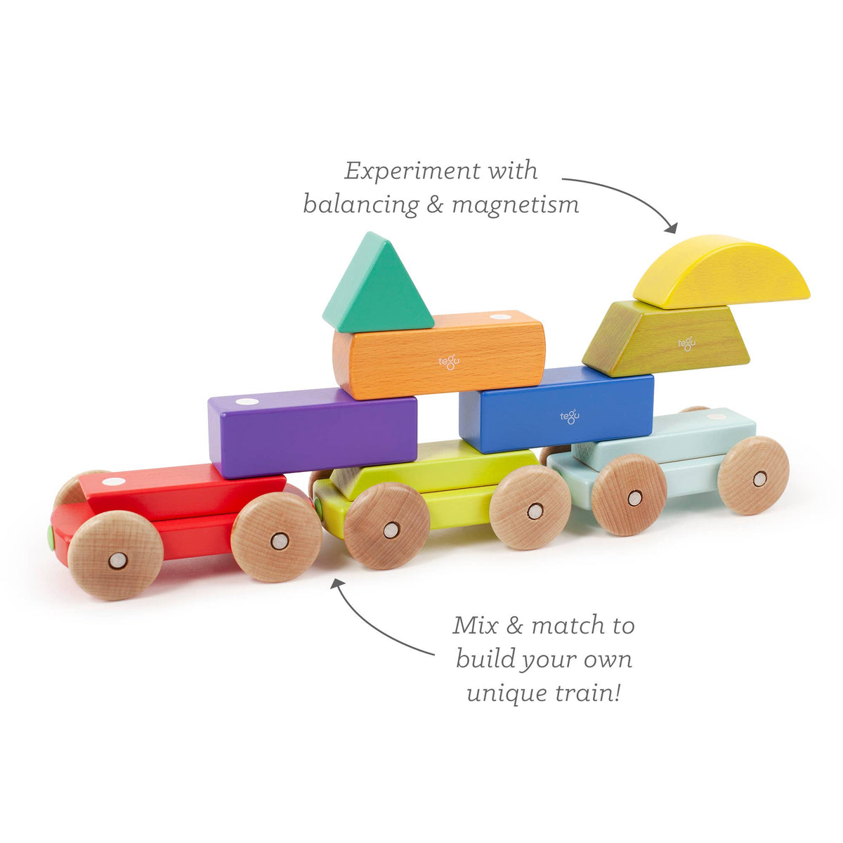 Colorful wooden train toy with geometric blocks on a white background