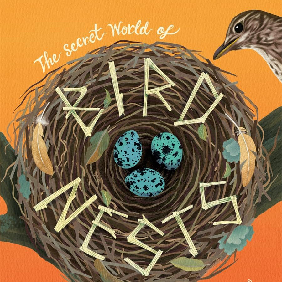 Book cover of 'The Secret World of Bird Nests' with a nest illustration and text on an orange background.