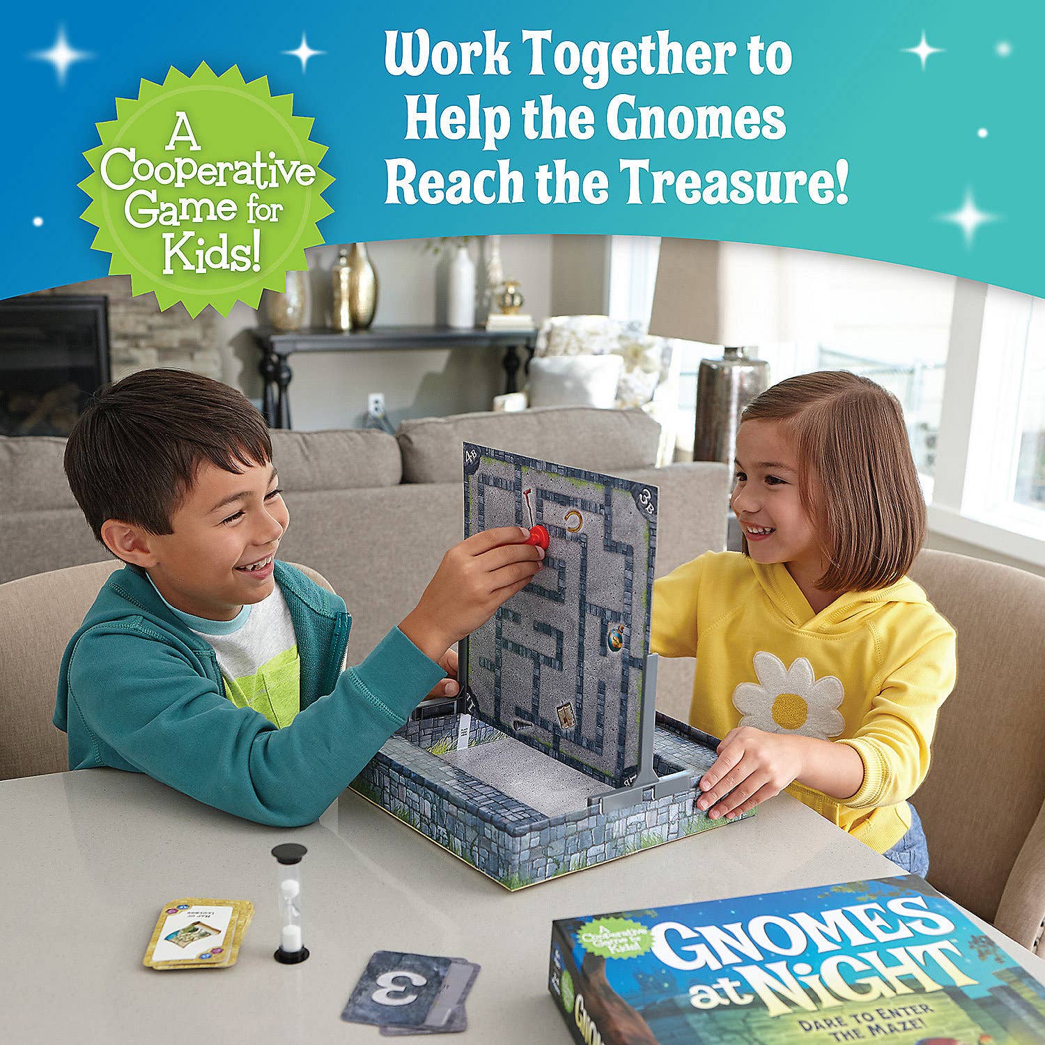 Gnomes at Night board game box featuring a dark illustrated scene with two garden gnomes, a stone wall, and large white title text on a teal background.