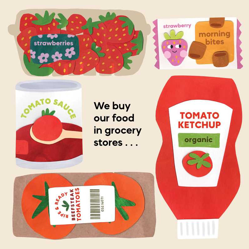 Illustrations of various food packaging labels on a beige background