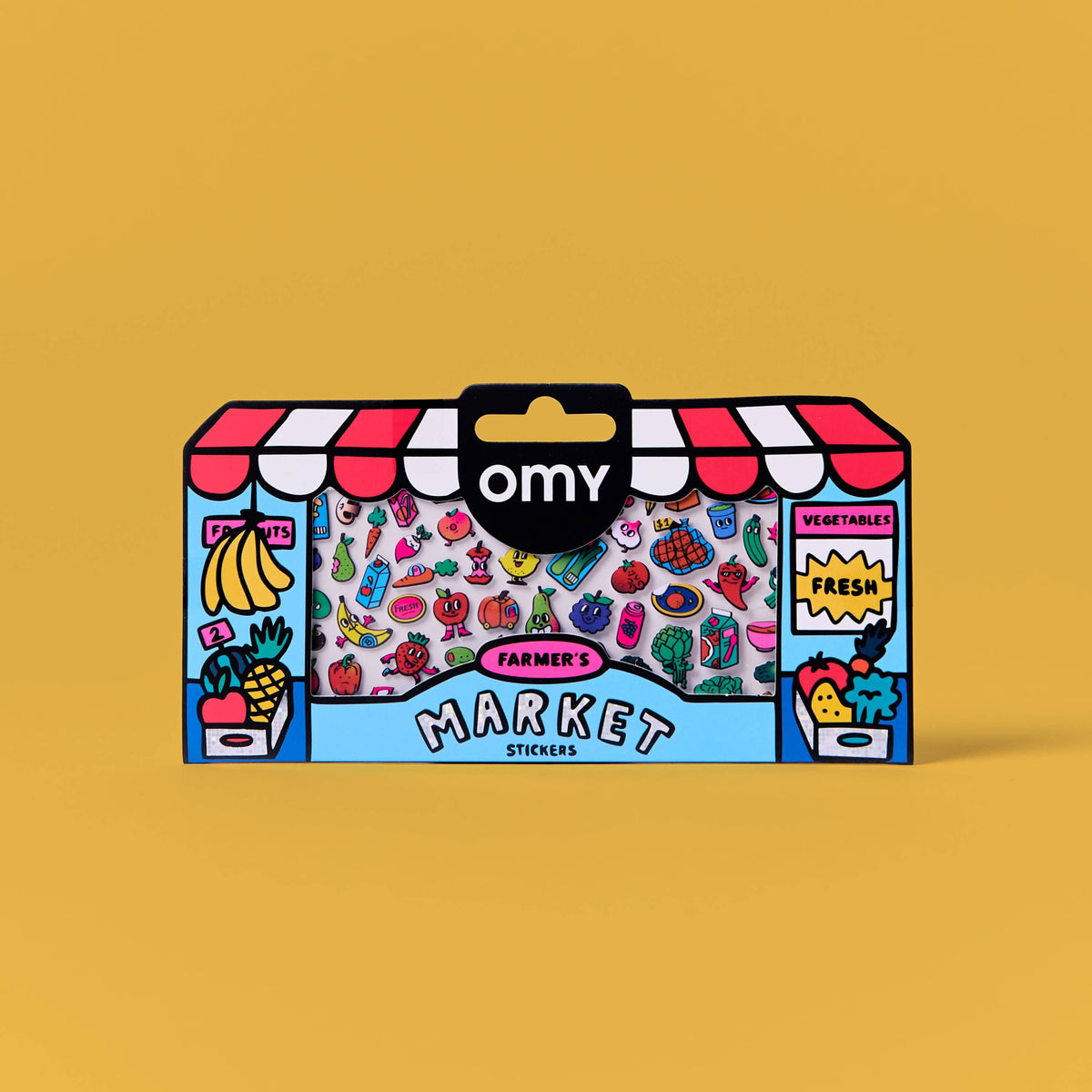 Pack of OMY stickers with colorful design on a yellow background
