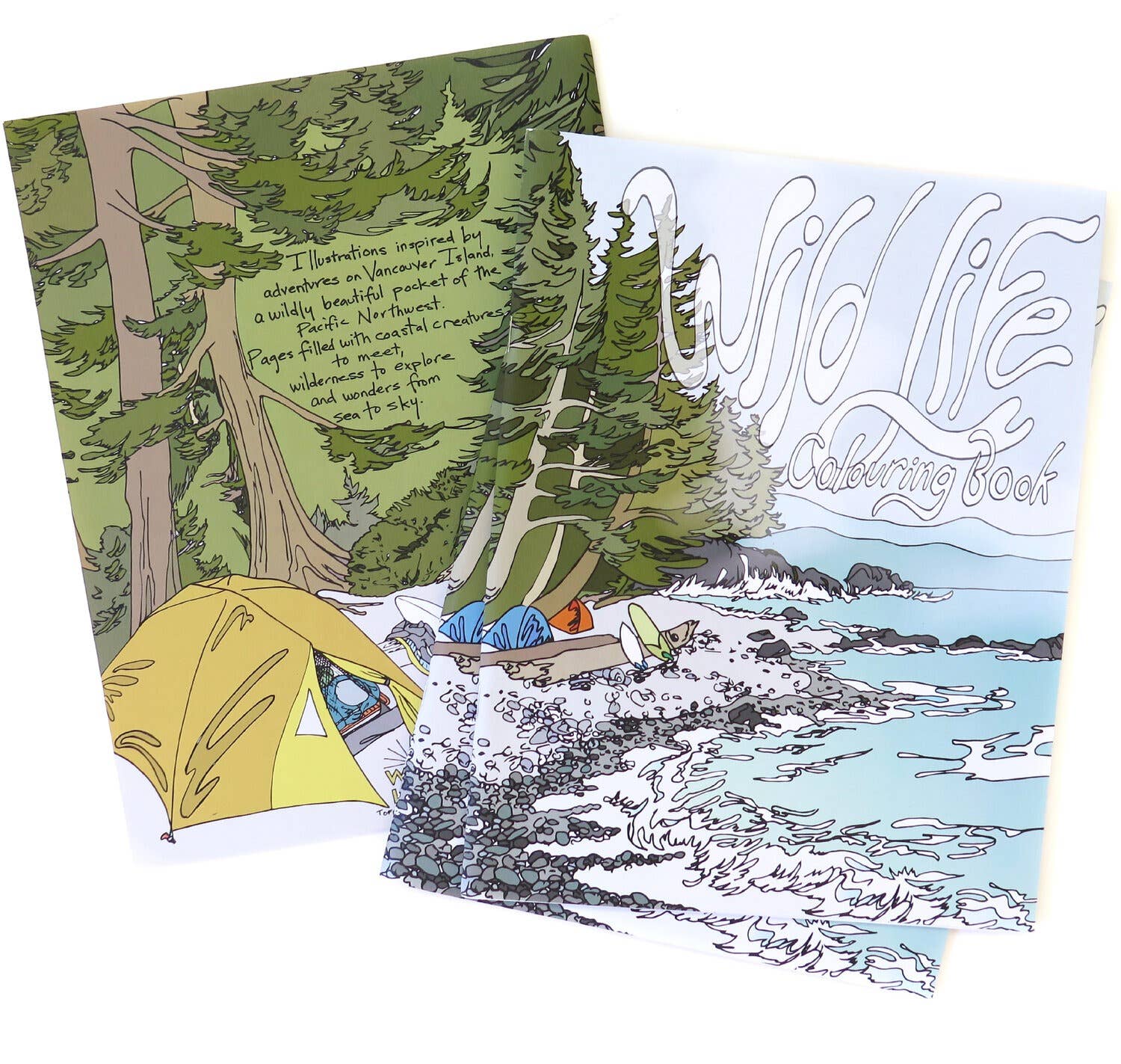 Two coloring book pages showing a forest scene and a beach with tents.