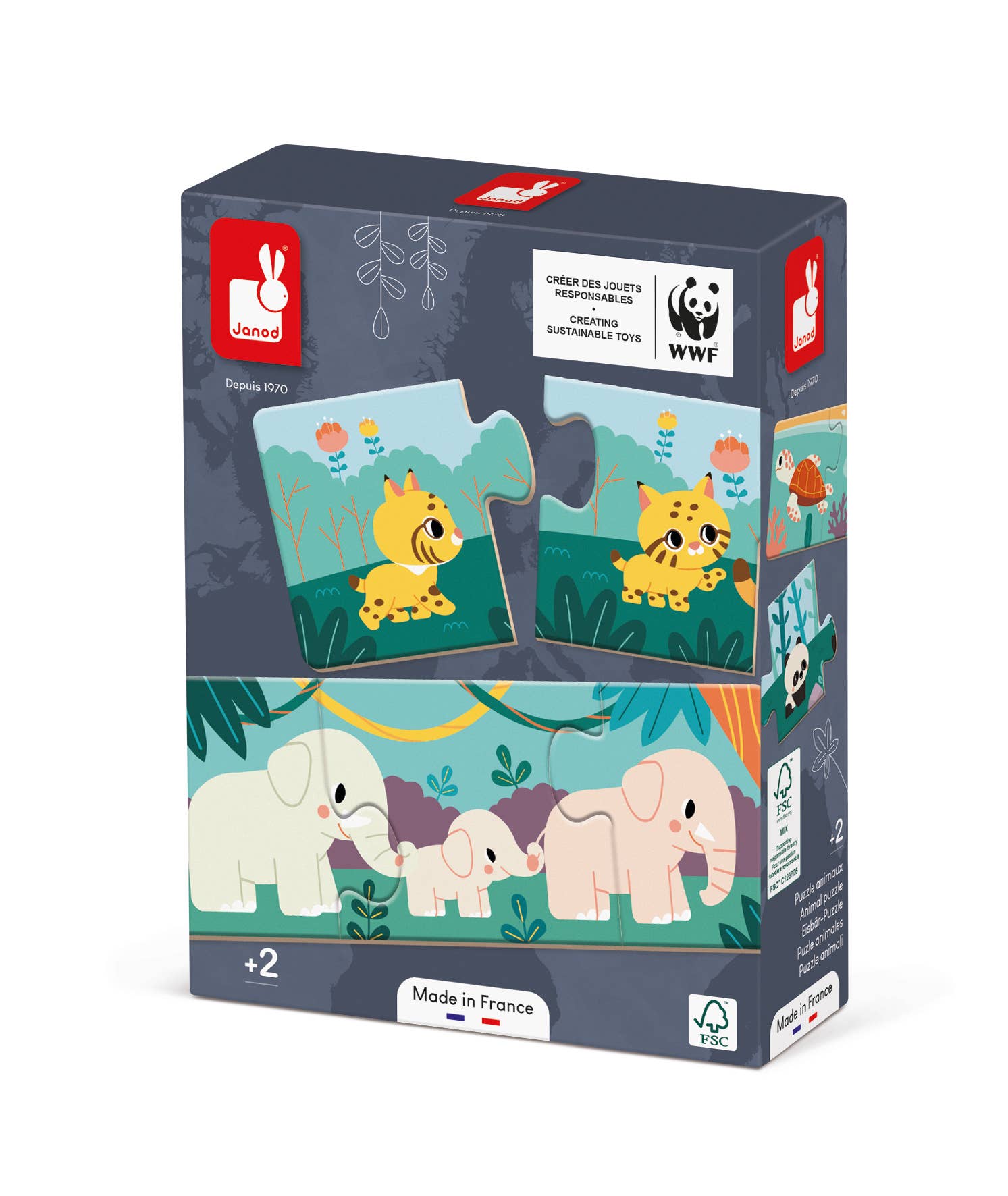 Jigsaw puzzle packaging with animal illustrations and WWF logo on a white background
