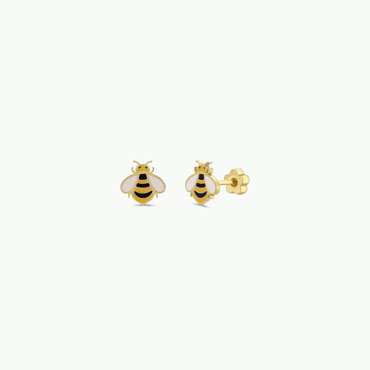 Gold bee-shaped earrings on a white background
