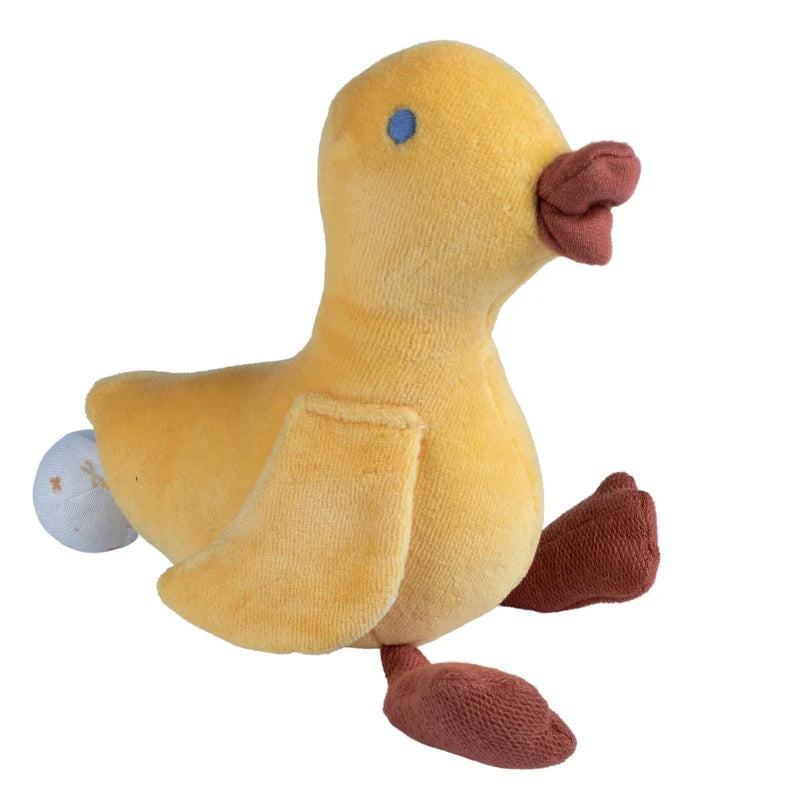 Yellow duck plush toy with a brown beak on a white background