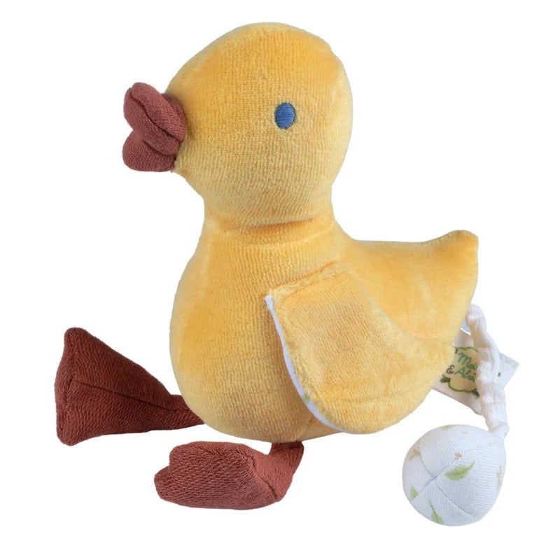 A yellow plush duck toy with brown feet and beak, a small blue embroidered eye, and a musicle pull tail shown on a plain white background.