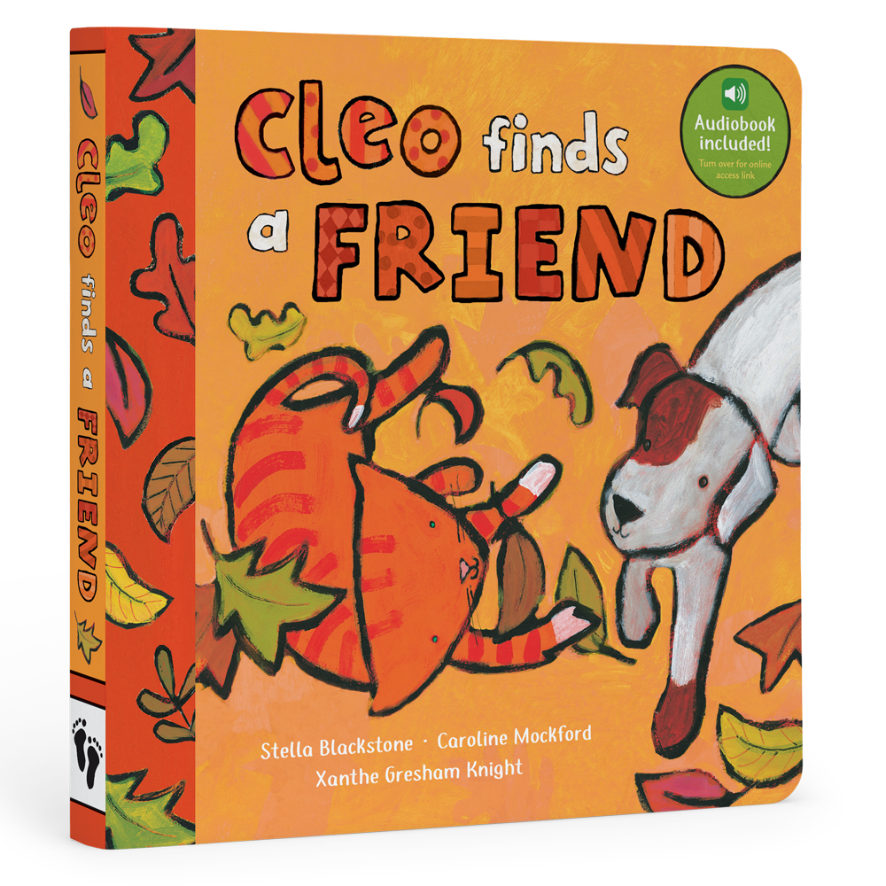 Book cover of 'Cleo Finds a Friend' with illustrations of a squirrel and dog on an orange background.