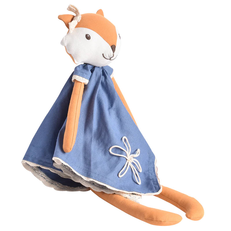 Stuffed animal toy with a blue cape on a white background