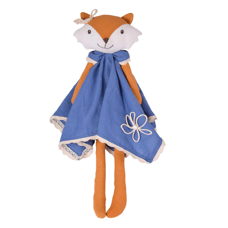 Stuffed animal toy with a blue cape on a white background