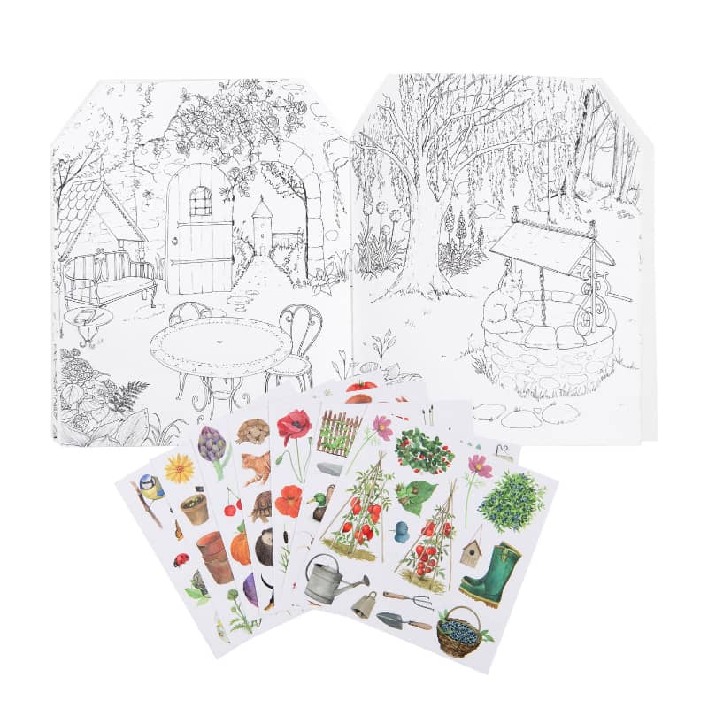 A coloring book and a set of stickers with a garden theme, featuring illustrations of flowers, a tree, a house, and garden accessories.