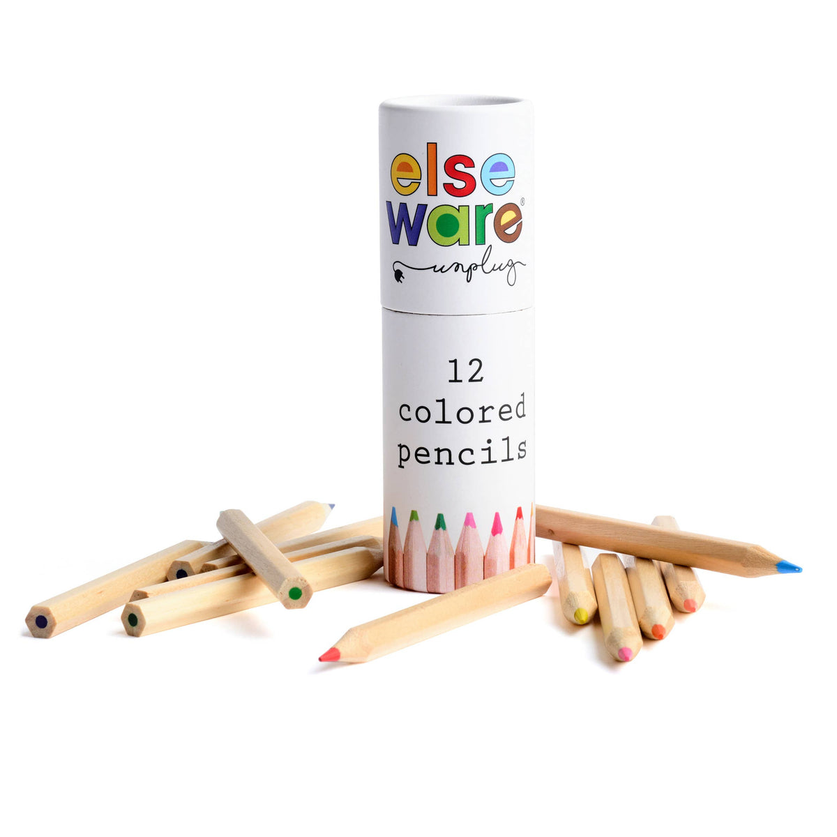 A white cylindrical tube labeled 'elseware unplugged' with '12 colored pencils' printed on it, surrounded by several loose wooden colored pencils on a clean white background.