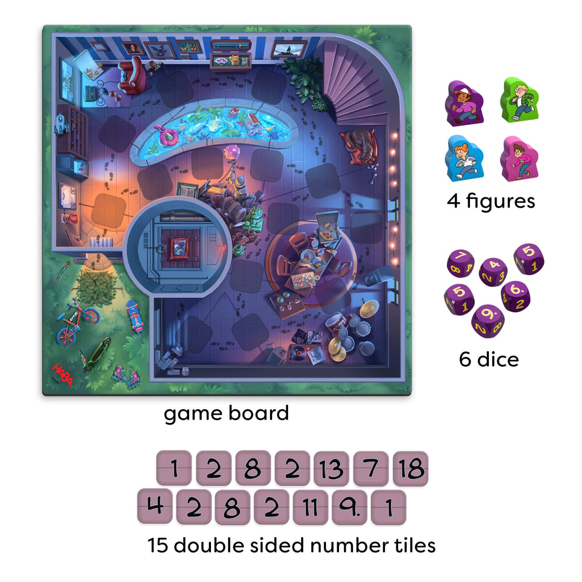 Board game set with game board, figures, dice, and number tiles on a white background