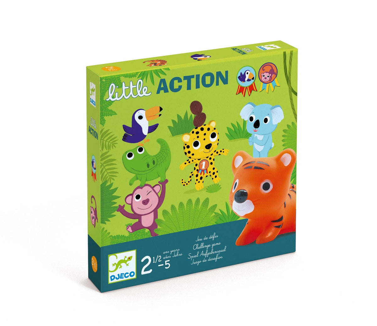 Box of 'little ACTION' animal toys by Djeco on a white background