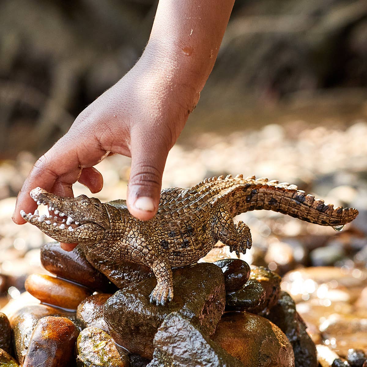 Hand holding a toy crocodile on rocks with a natural background