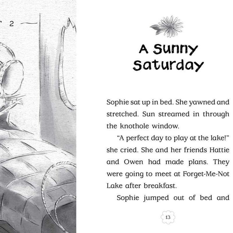 Illustrated book page with a mouse character in bed and text about a sunny Saturday.
