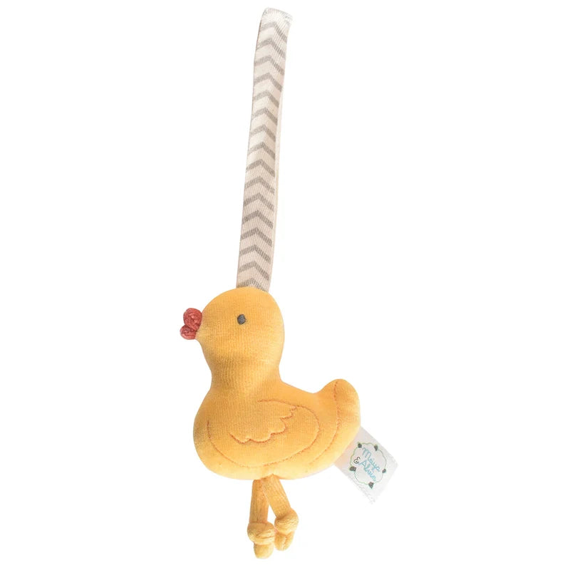 Plush duck toy with a striped handle on a white background