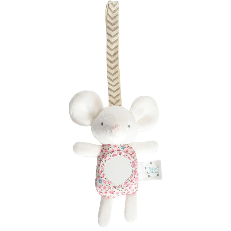 Plush mouse toy with floral dress and striped ribbon on a white background