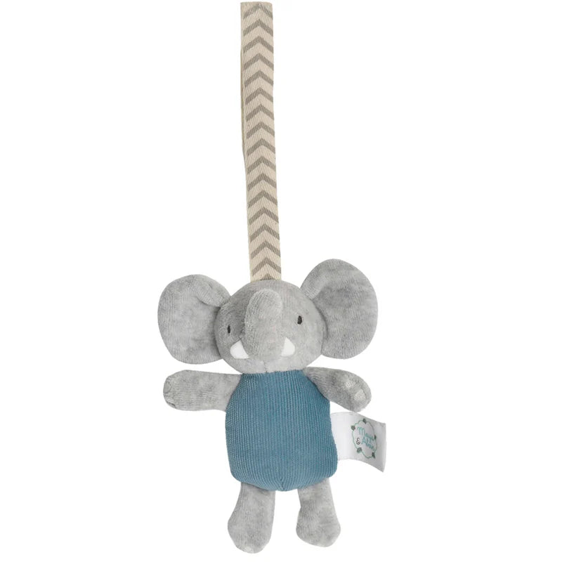 Plush elephant toy with a blue sweater and striped strap on a white background