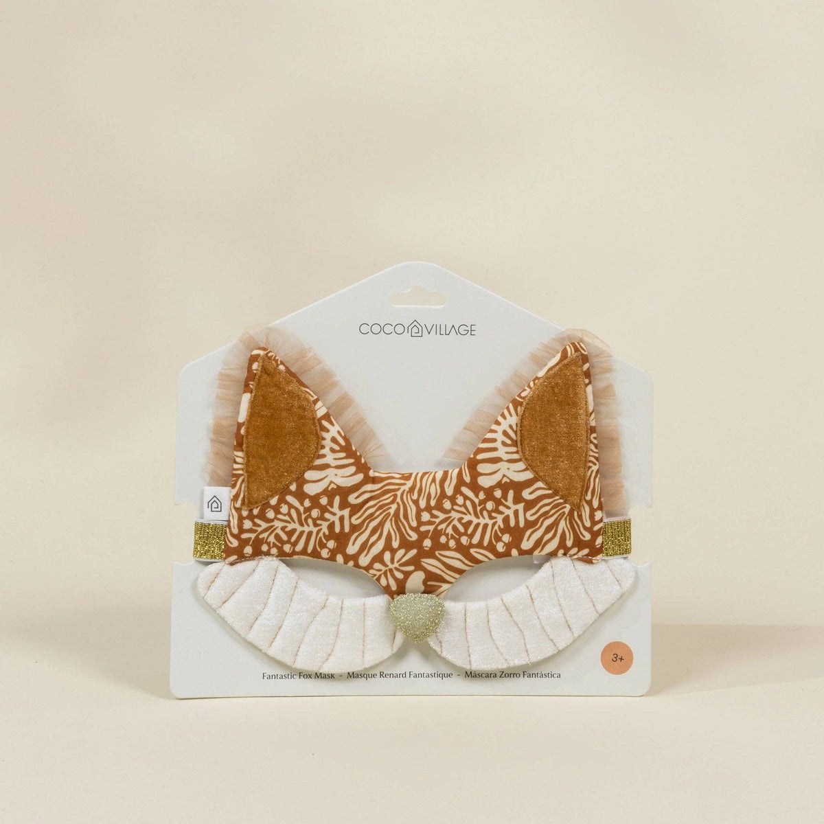 Felt fox-shaped mask on a beige background with 'Coco & Village' branding.