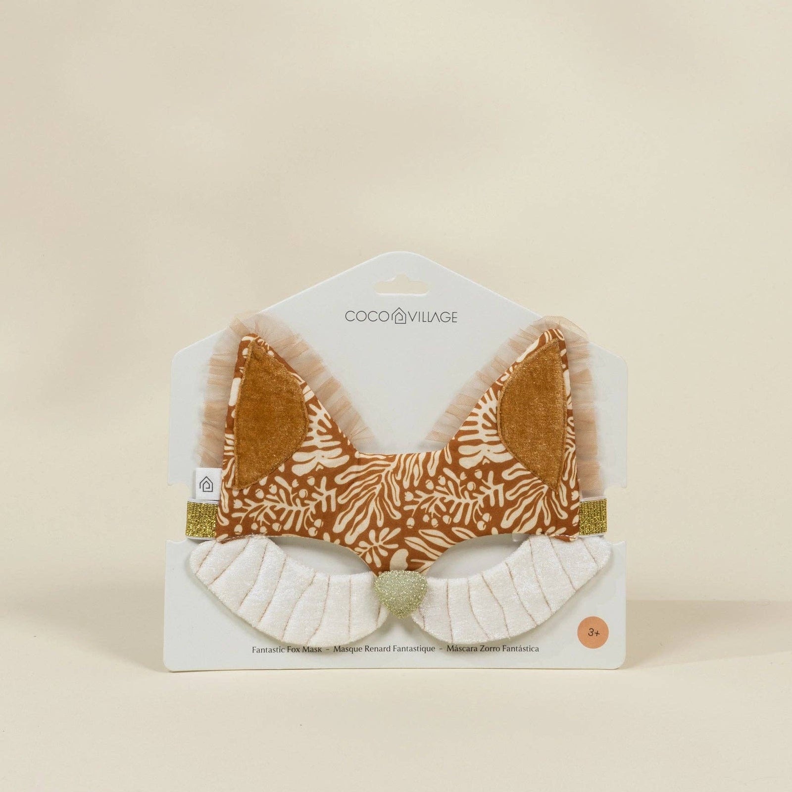 Felt fox-shaped mask on a beige background with 'Coco & Village' branding.