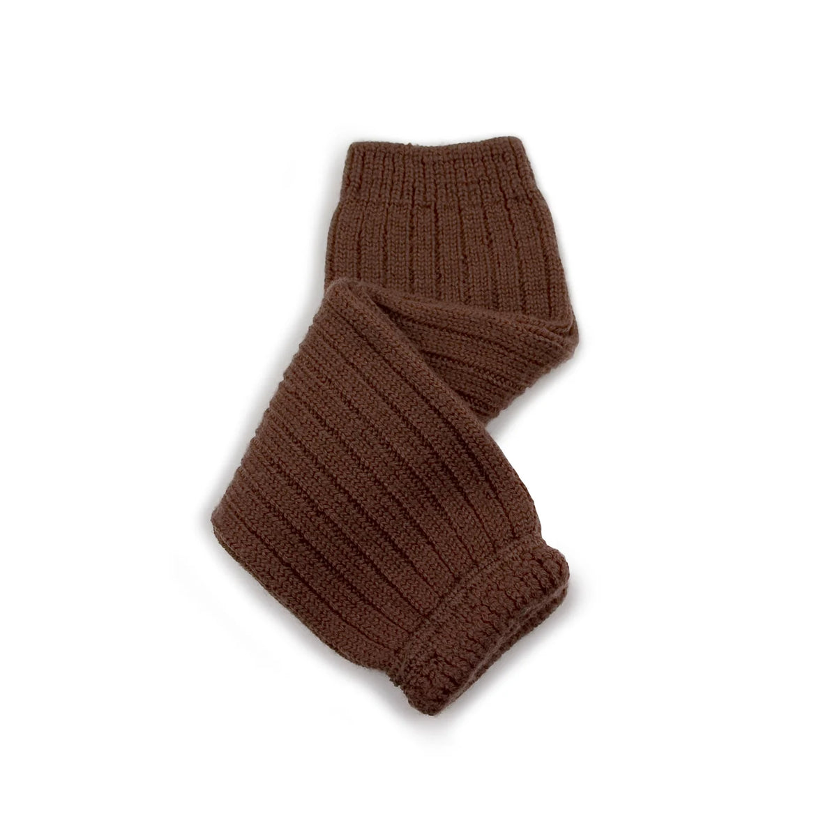 A pair of brown ribbed knit leg warmers  folded and displayed on a clean white background.