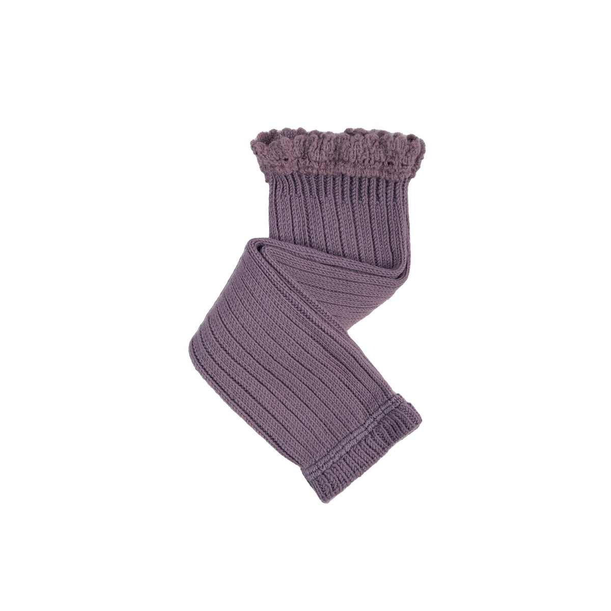 A single knitted leg warmer in a muted dusty purple color, featuring a ribbed body and a textured ruffled cuff, shown against a plain white background.