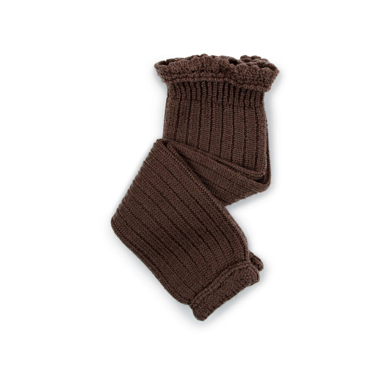 Brown knitted leg warmers on a white background