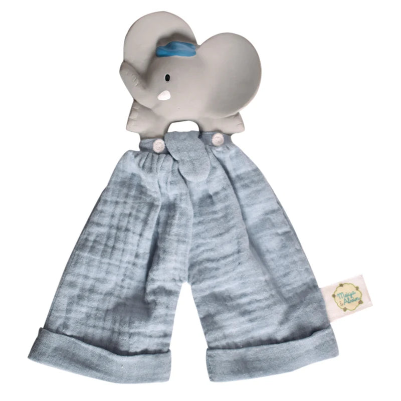 Gray elephant plush toy with striped pants on a white background