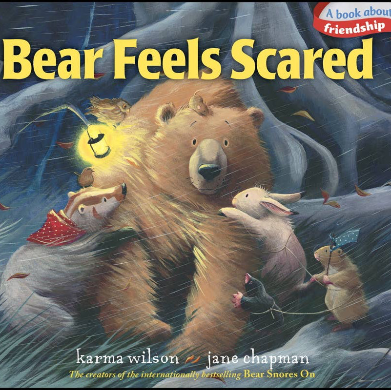 Book cover of 'Bear Feels Scared' with a bear and mice in a snowy scene.
