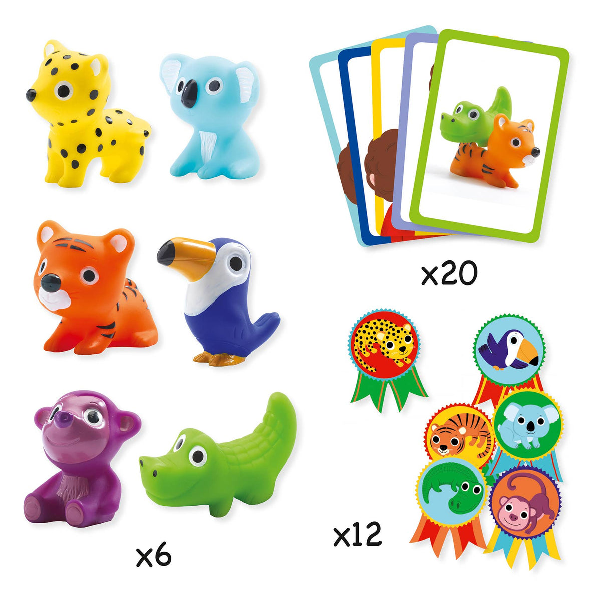 Assorted animal figurines and cards on a white background