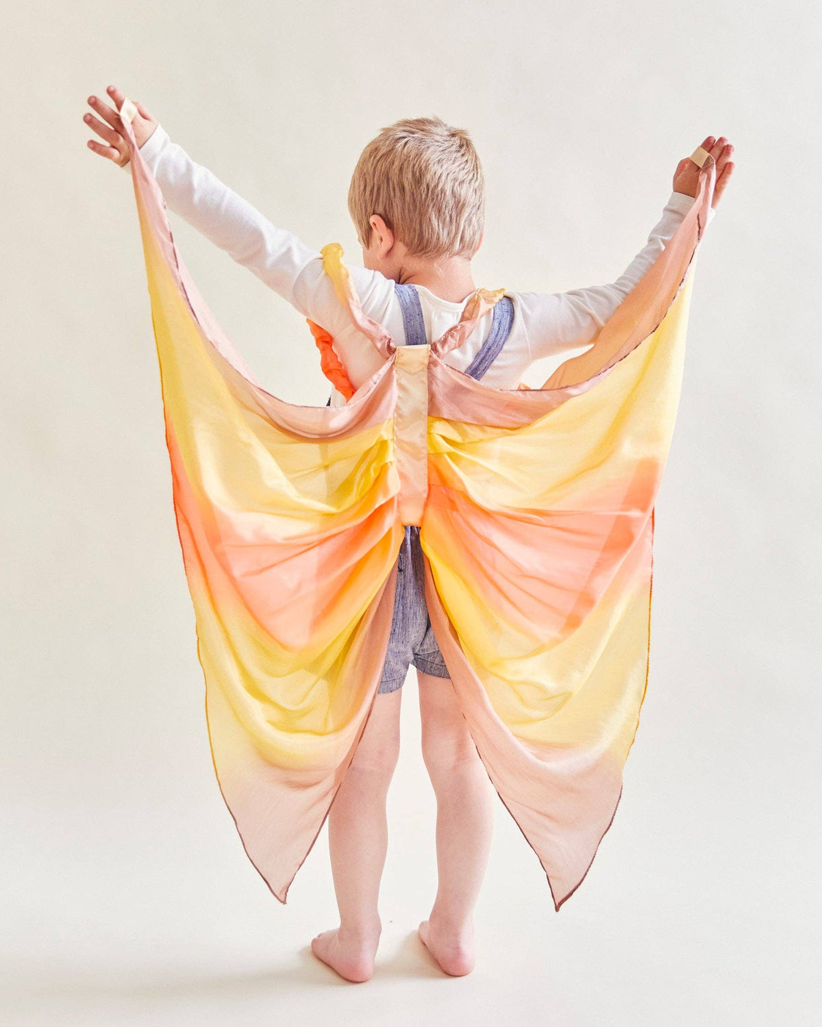 Child wearing a colorful butterfly costume against a plain background