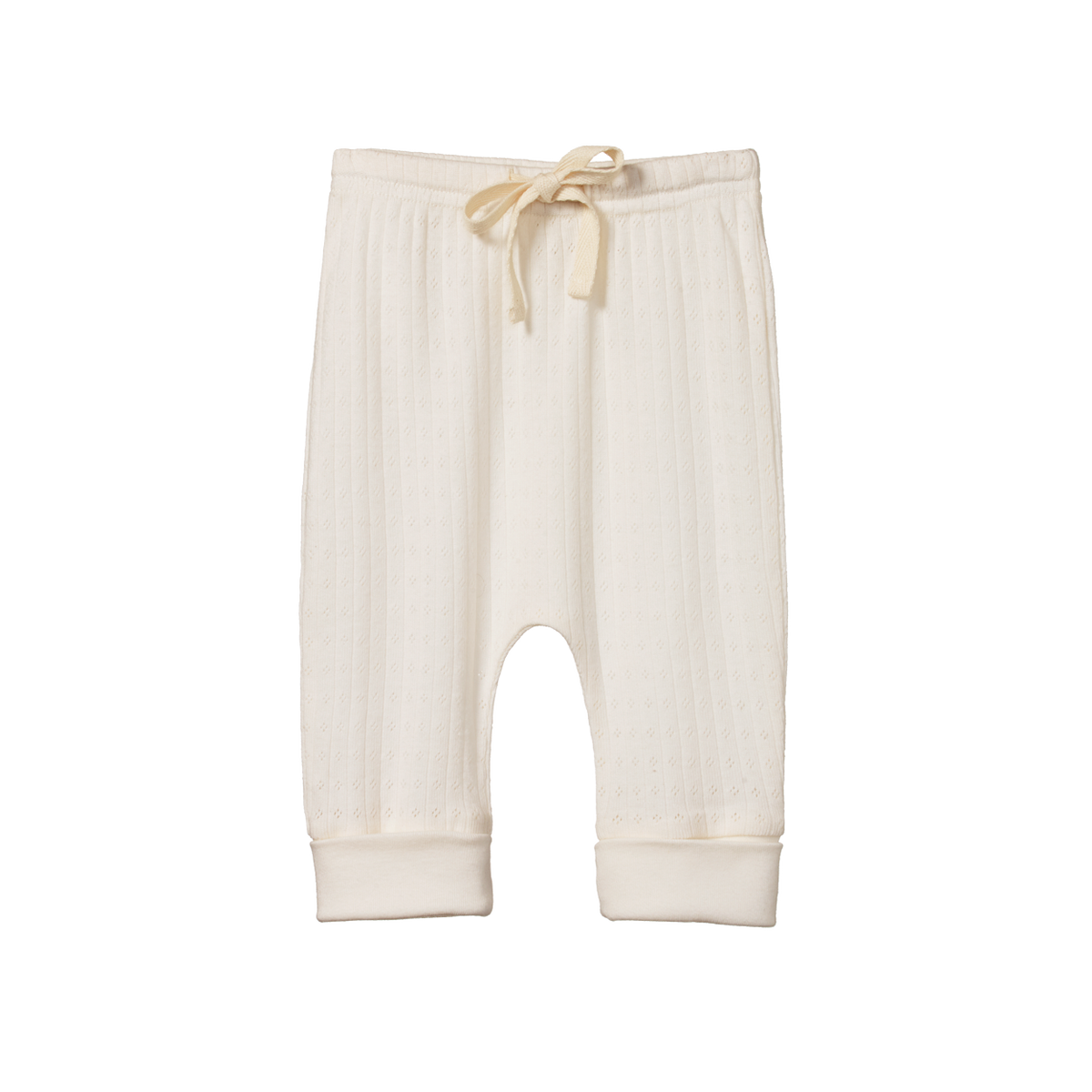 White baby pants with a drawstring on a white background