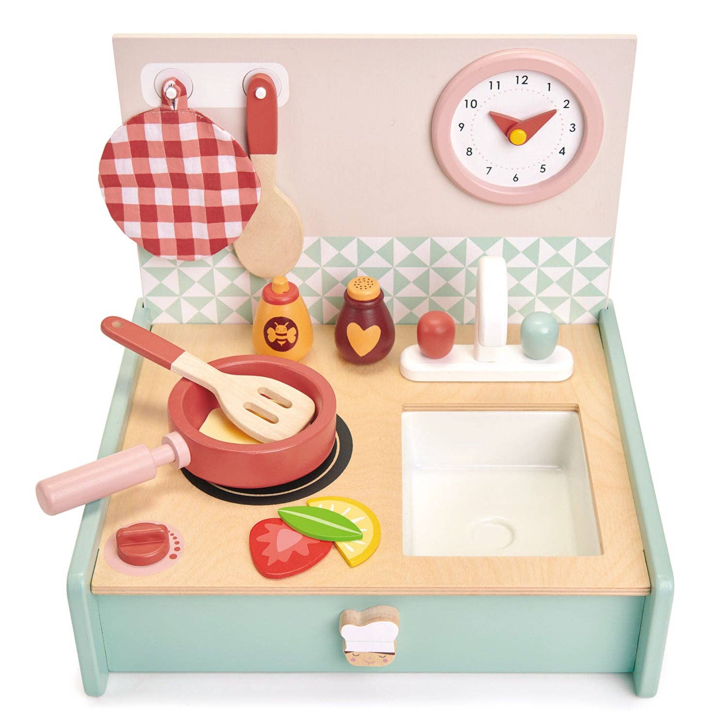 Wooden toy kitchen set with various utensils and a clock on a white background
