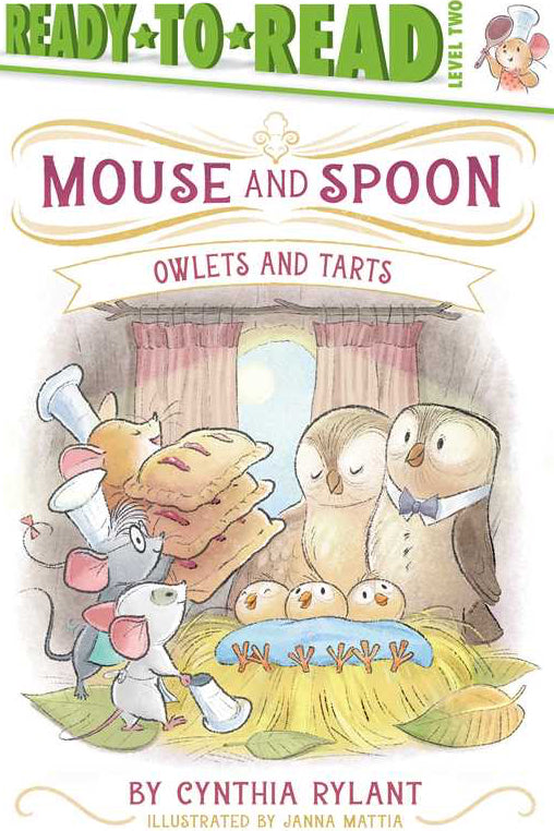 Book cover of 'Mouse and Spoon: Owlets and Tarts' with illustrations of a mouse, owl, and penguin characters.