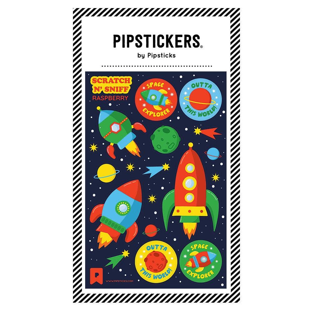 Pipsticks space-themed scratch and sniff sticker book with colorful rockets and planets on a dark blue background.